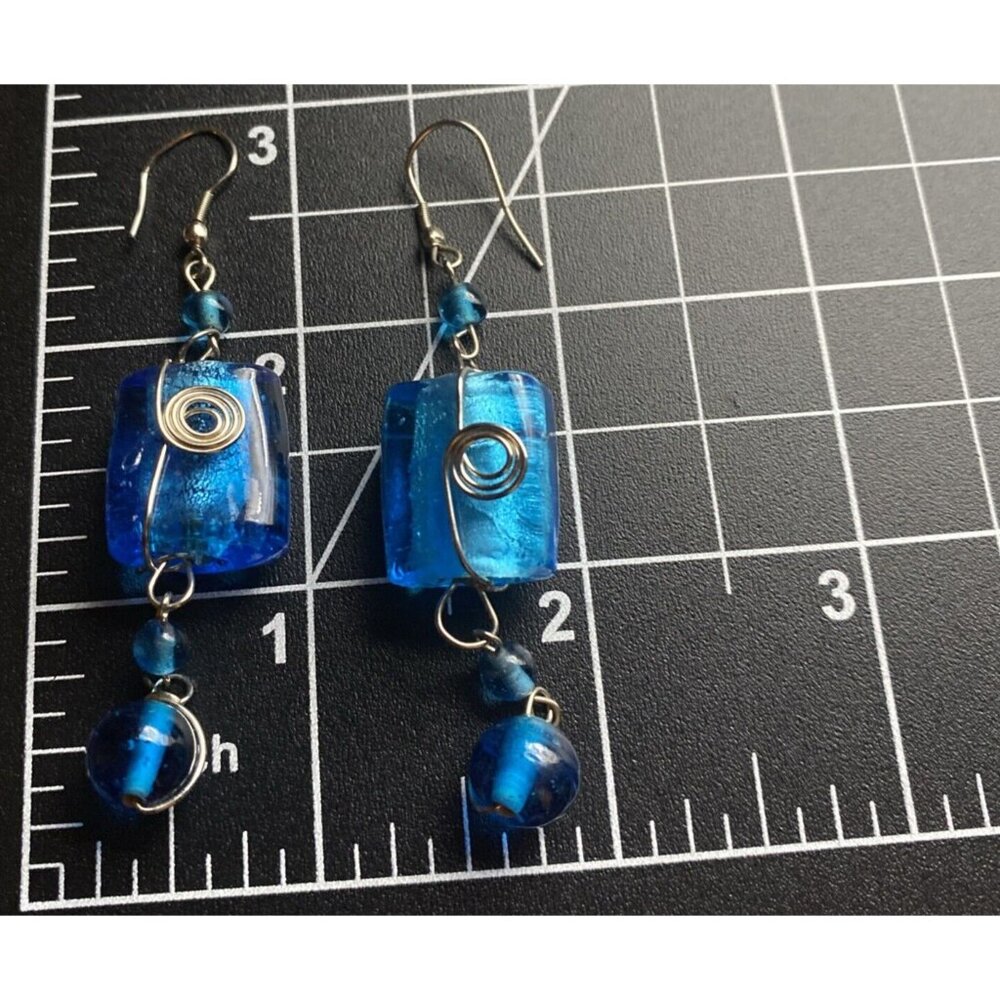 Chunky Necklace & Earrings Blue/Silver Foil Lined Rectangle Glass Bead Wire Wrap - Picture 9 of 9